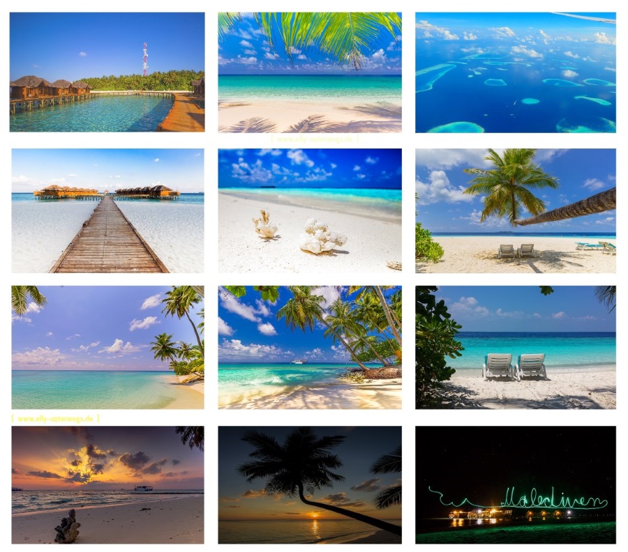 Collage Malediven mit den schönsten Fotos von unserem Maledivenurlaub; Traumstrand, Palmenstrand, Sonnenuntergang, usw