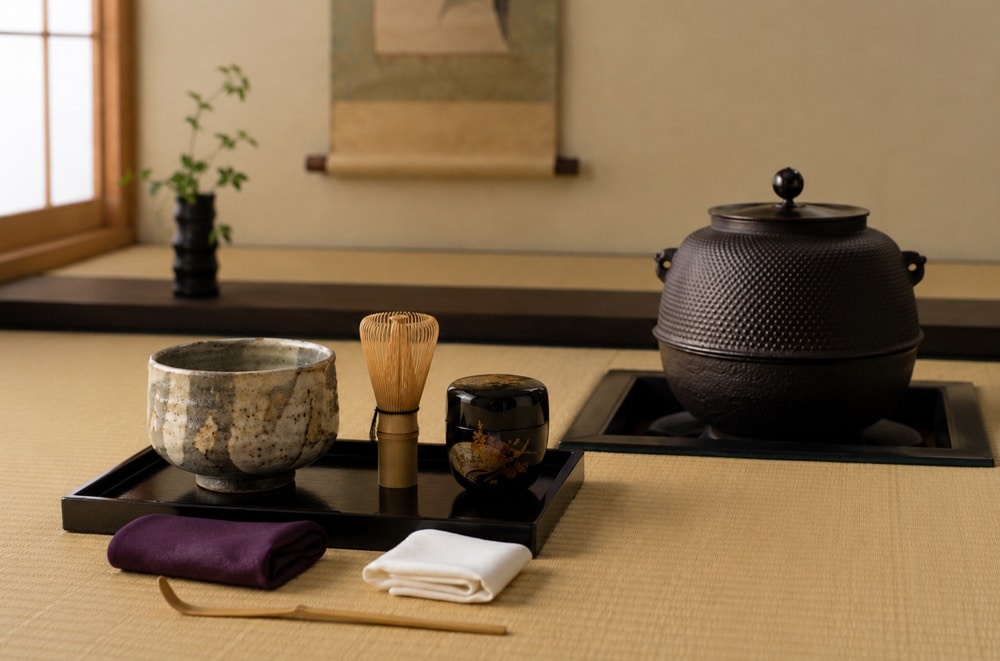 Utensilien einer japanischen Teezeremonie mit Chawan, Chasen und Matcha