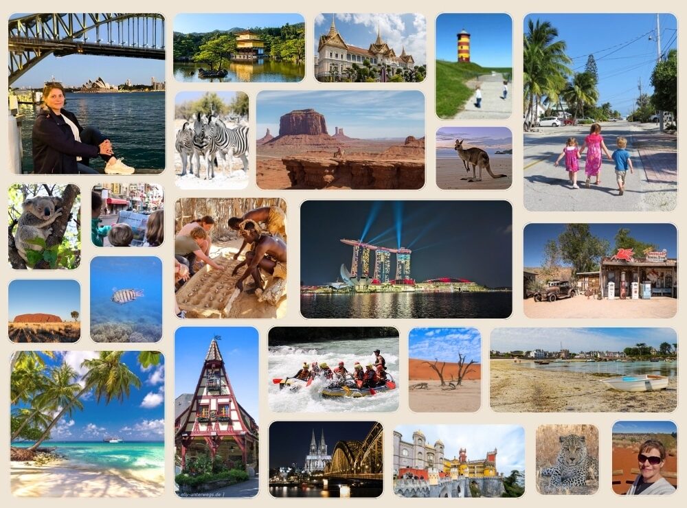 Collage mit Reiseeindrücken aus verschiedenen Ländern, Familienreisen, Natur, Städten und Fotomotiven von elly-unterwegs.de
