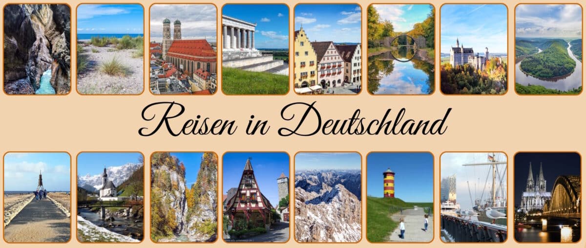 Deutschland Reisen – Collage mit Naturzielen, Städten und Sehenswürdigkeiten aus verschiedenen Regionen Deutschlands