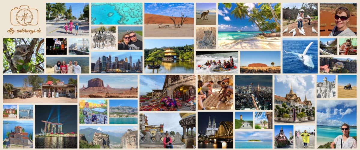 Reisecollage von elly-unterwegs.de mit Familienreisen, Landschaften, Tieren und Städten aus mehreren Kontinenten