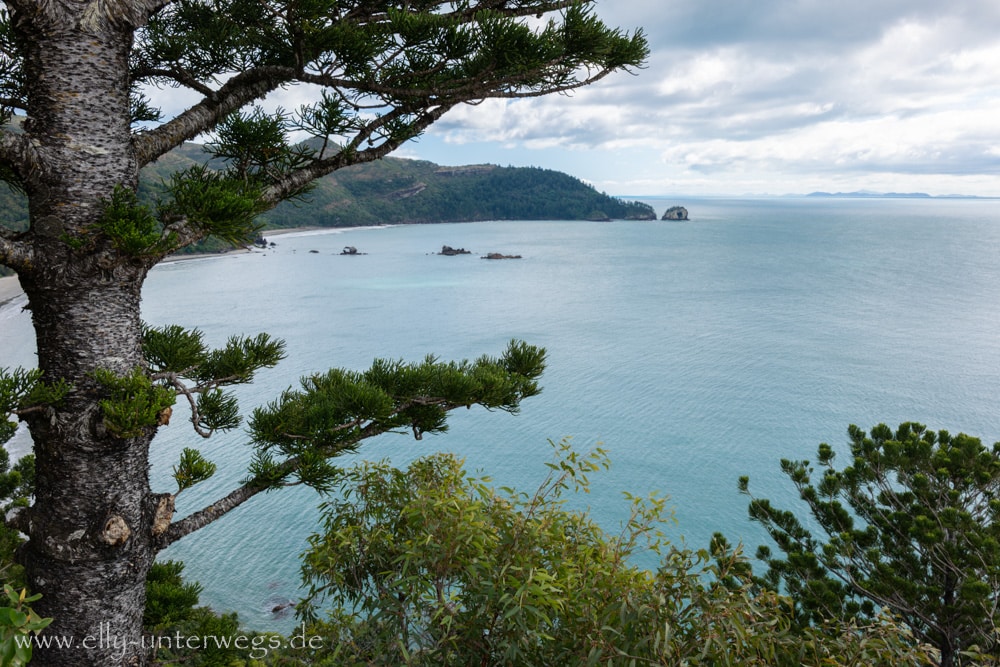 Aussicht vom Andrews Point Track auf die Küste und Inseln vor Cape Hillsborough
