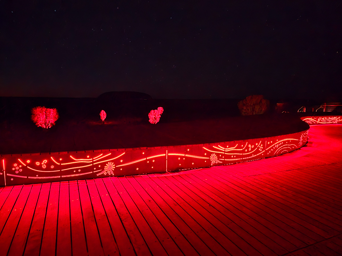 Projektion auf Boden und Buschwerk vor der Plattform